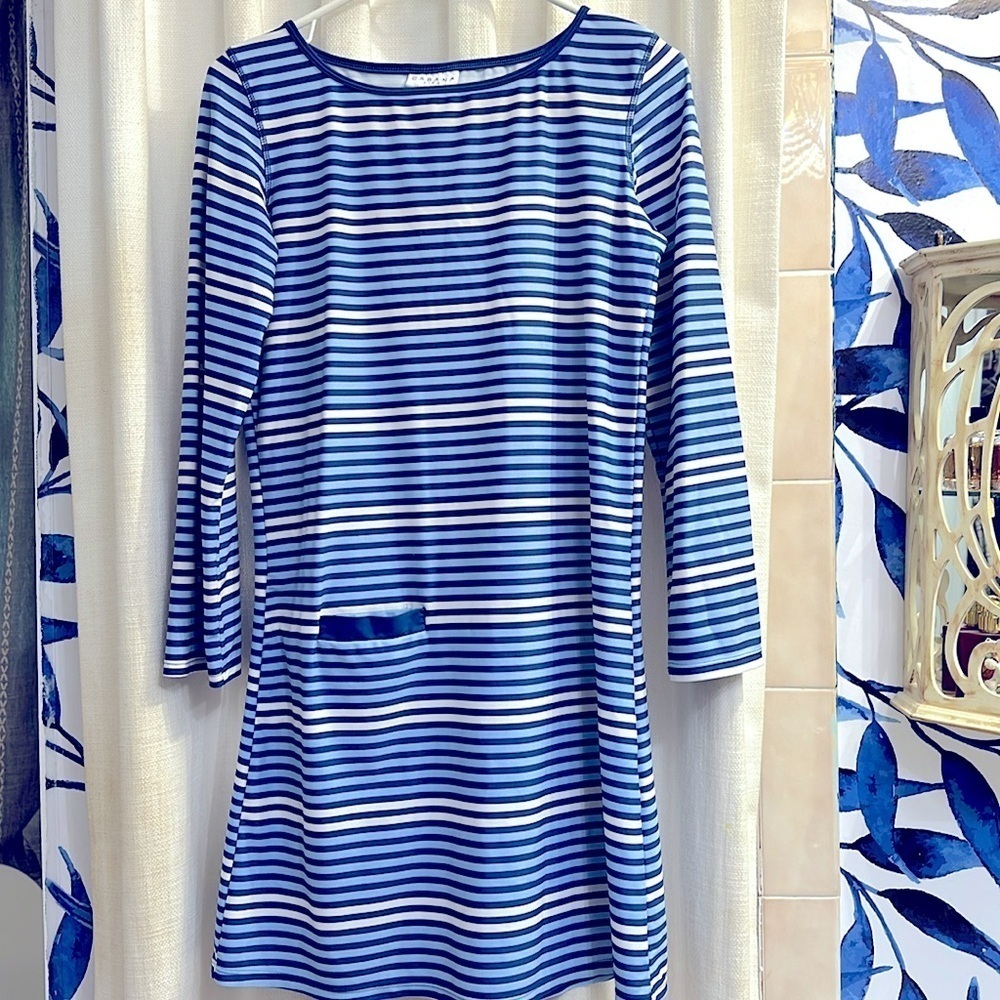 Women’s Cabana Life Blue & White Striped Nylon & Spandex Shift Dress Size Small